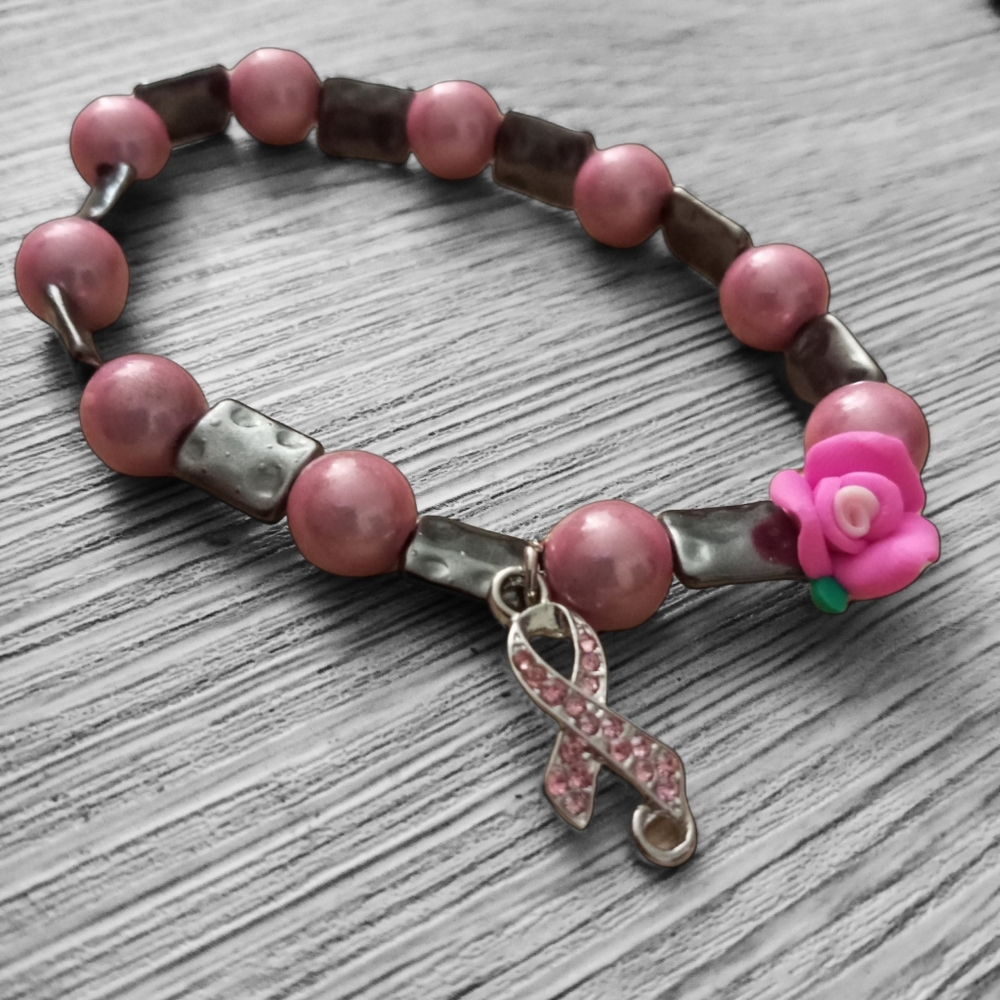 Hand Crafted BREAST CANCER awareness pink ribbon rose beaded crystal bracelet